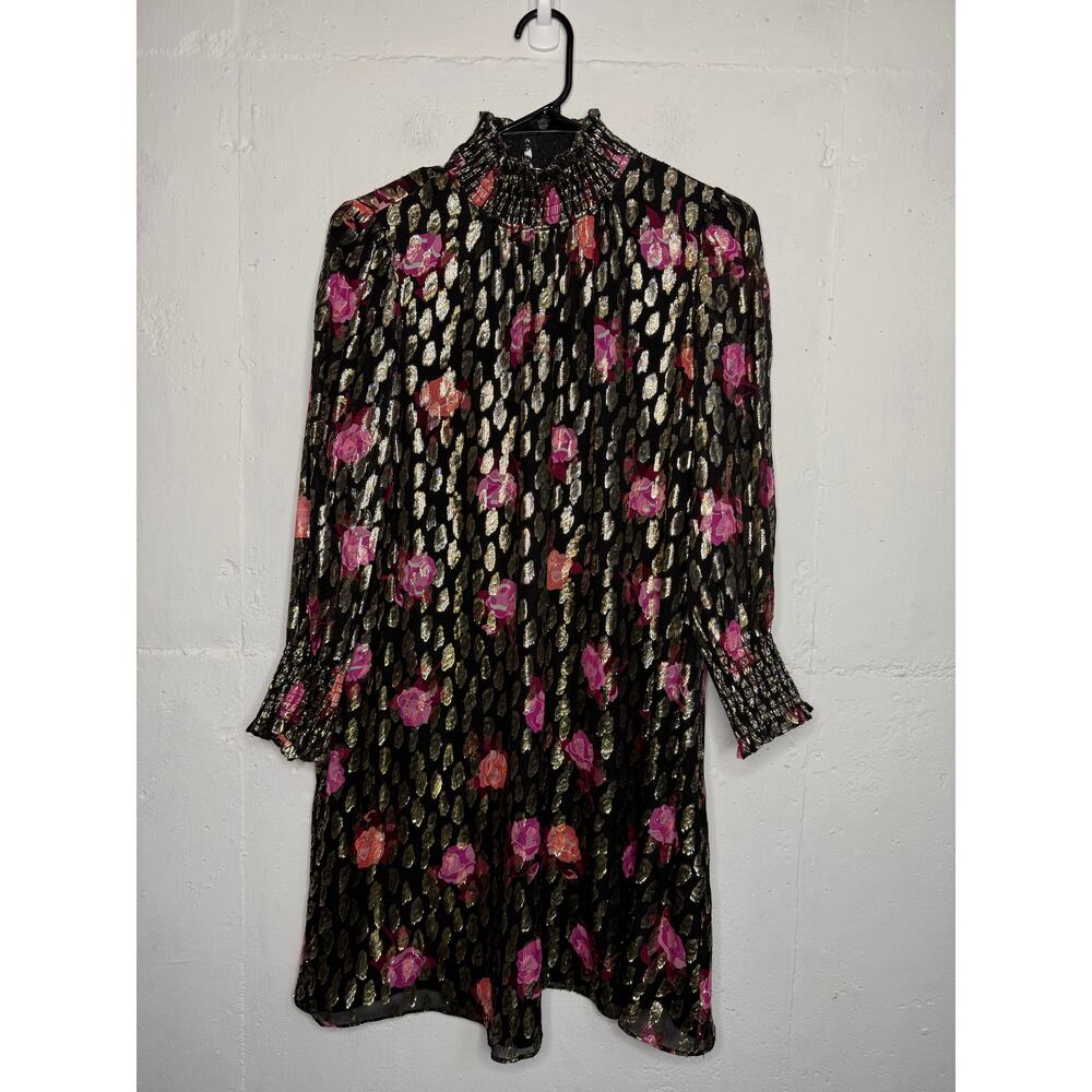 Kate Spade rose garden Smocked Shift Dress Womens Small Black Gold Silk
